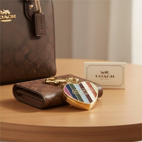 Coach Vintage Legacy Stripe Heart Pillbox Bag Charm Locket Keychain - Picture 1 of 8